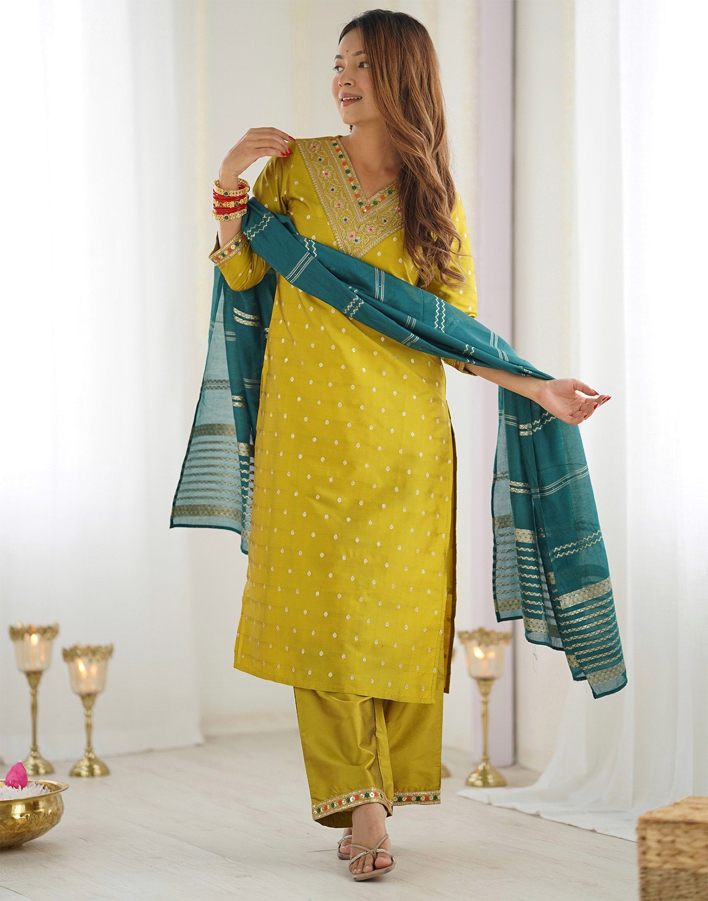 Yellow jacquard woven design women silk kurta pant dupatta set