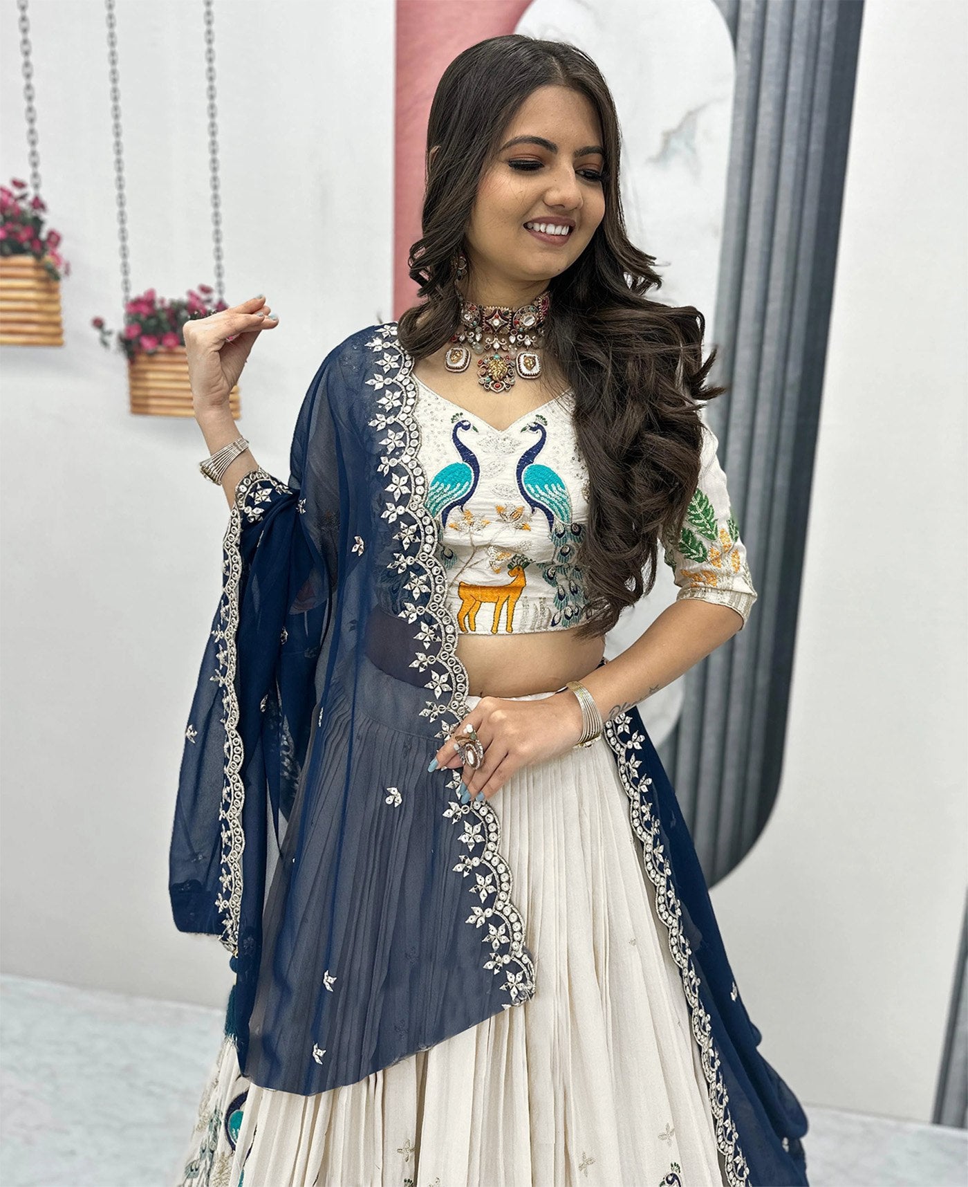 White chinon embellished semi stitched lehenga choli set