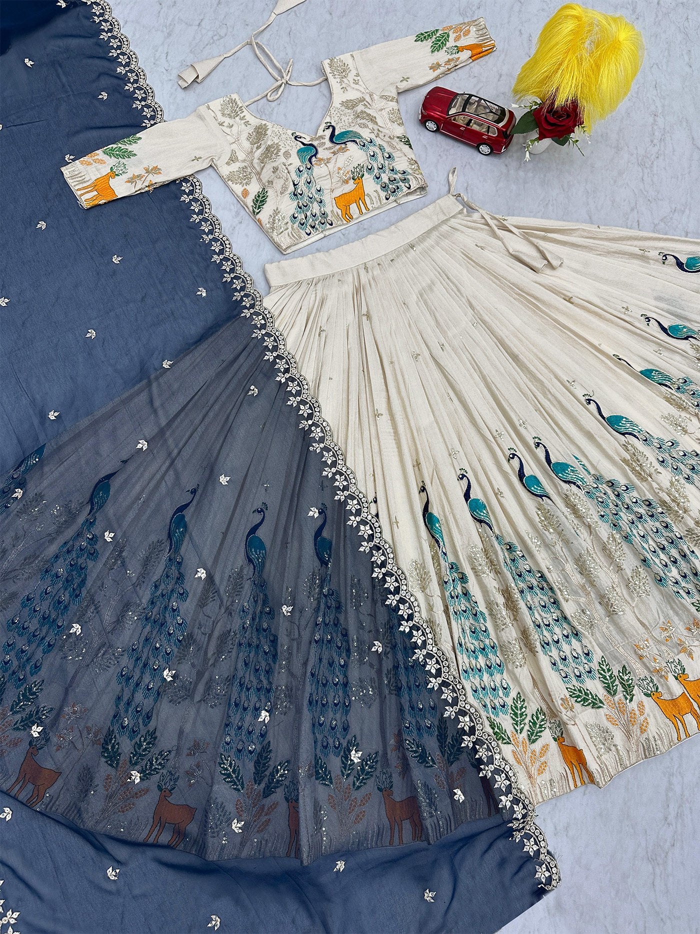 White chinon embellished semi stitched lehenga choli set