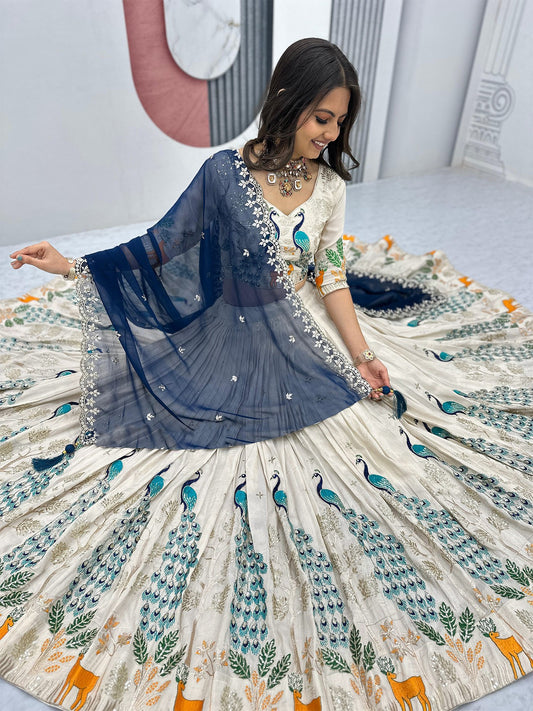 White chinon embellished semi stitched lehenga choli set