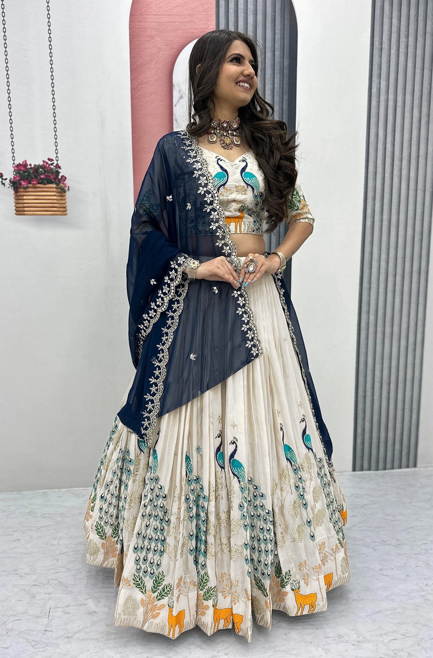 White chinon embellished semi stitched lehenga choli set