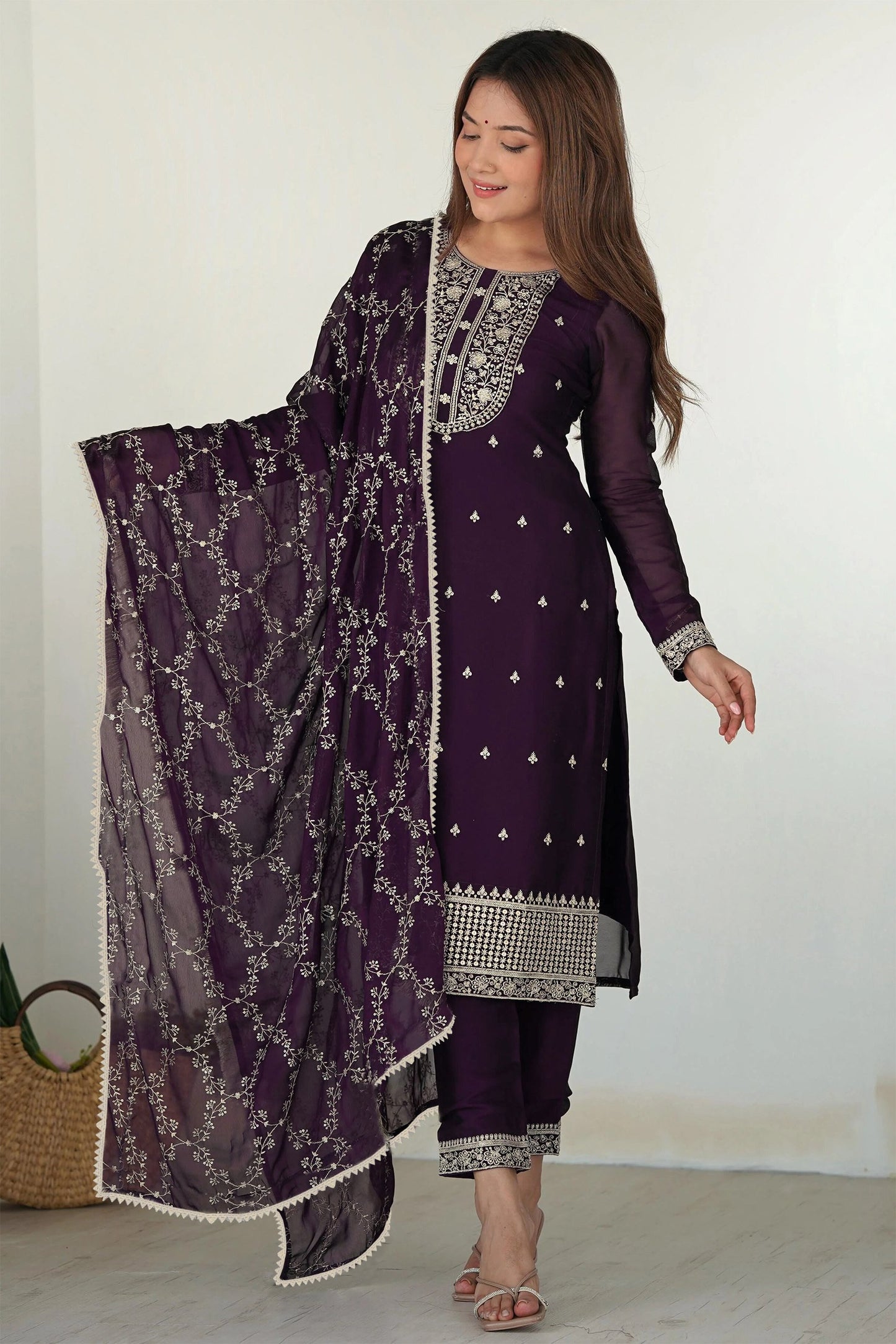 Purple georgette embroidered women kurta pant dupatta set