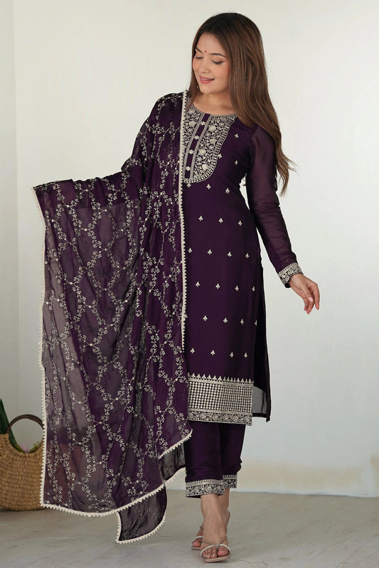 Purple georgette embroidered women kurta pant dupatta set