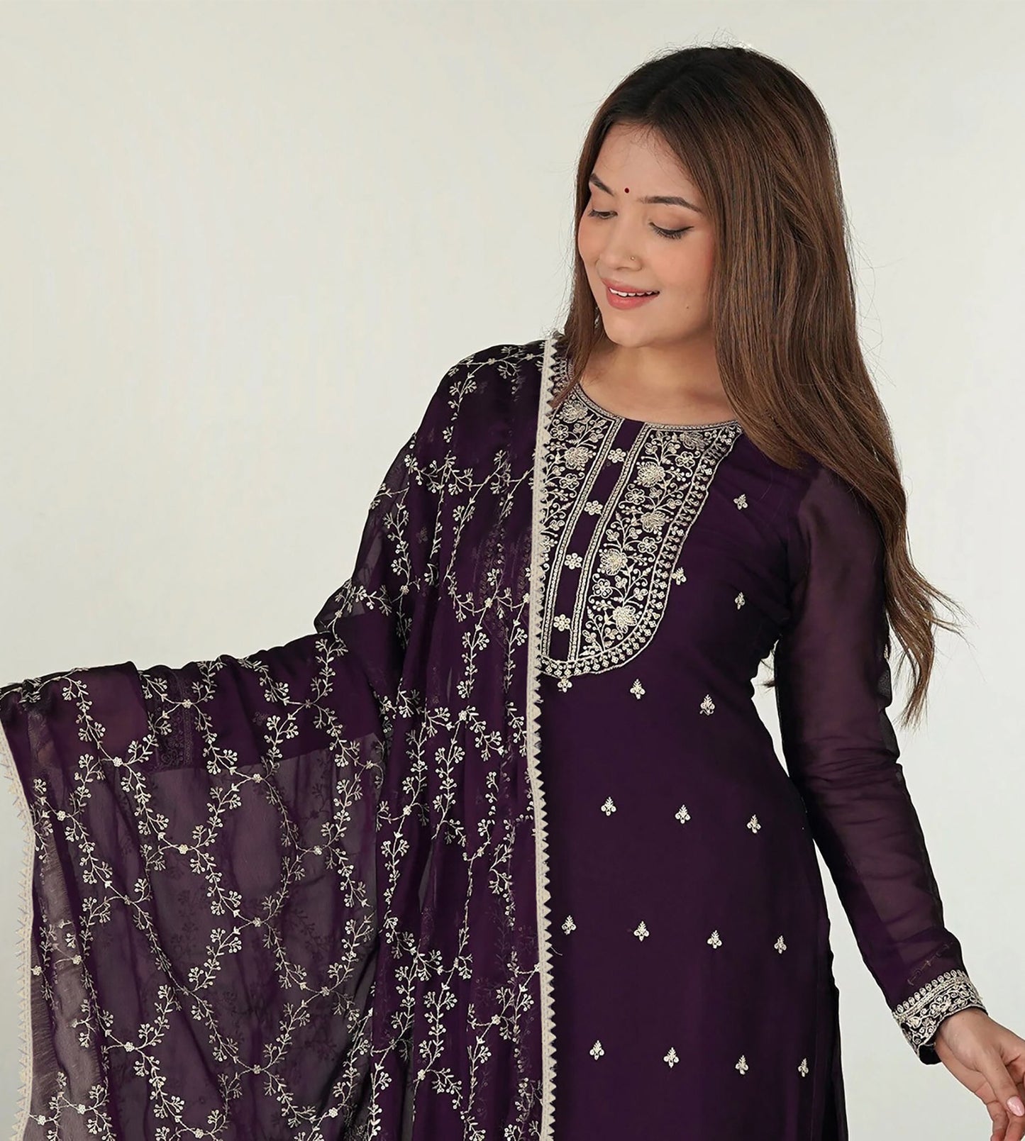 Purple georgette embroidered women kurta pant dupatta set