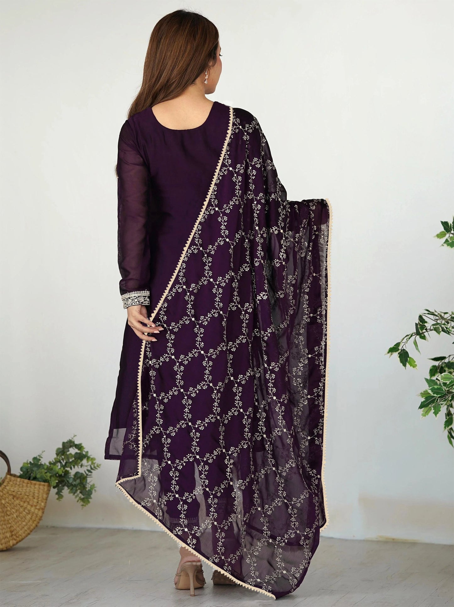 Purple georgette embroidered women kurta pant dupatta set