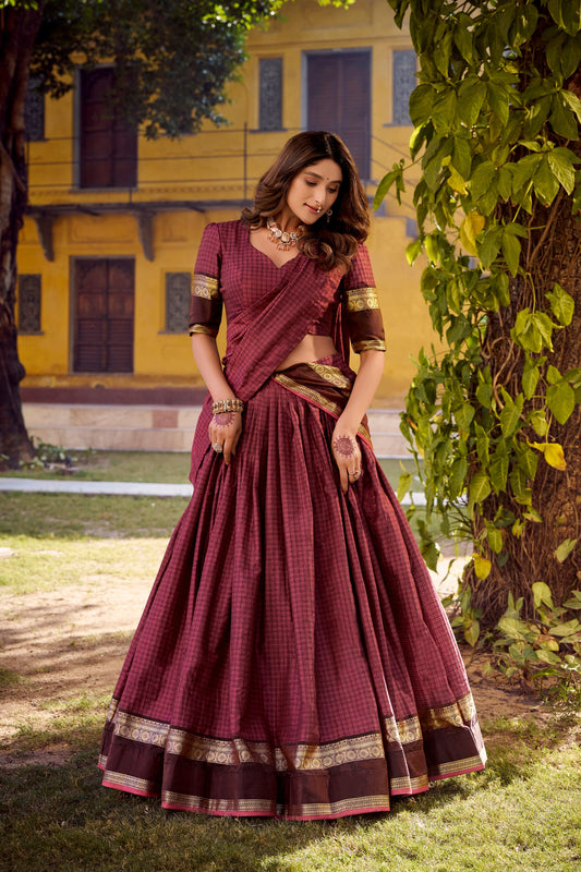 Red chettinad cotton check with zari weaving work lehenga choli set