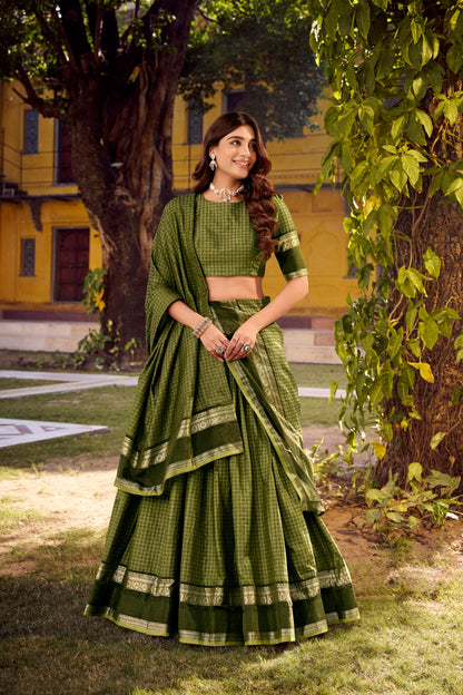 Green chettinad cotton check with zari weaving work lehenga choli set