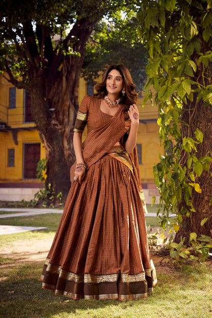 Light brown chettinad cotton check with zari weaving work lehenga choli set