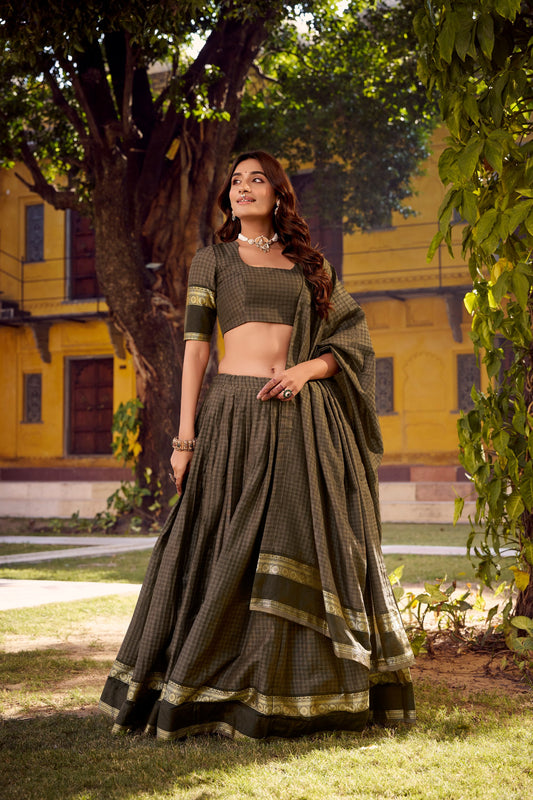 Brown chettinad cotton check with zari weaving work lehenga choli set