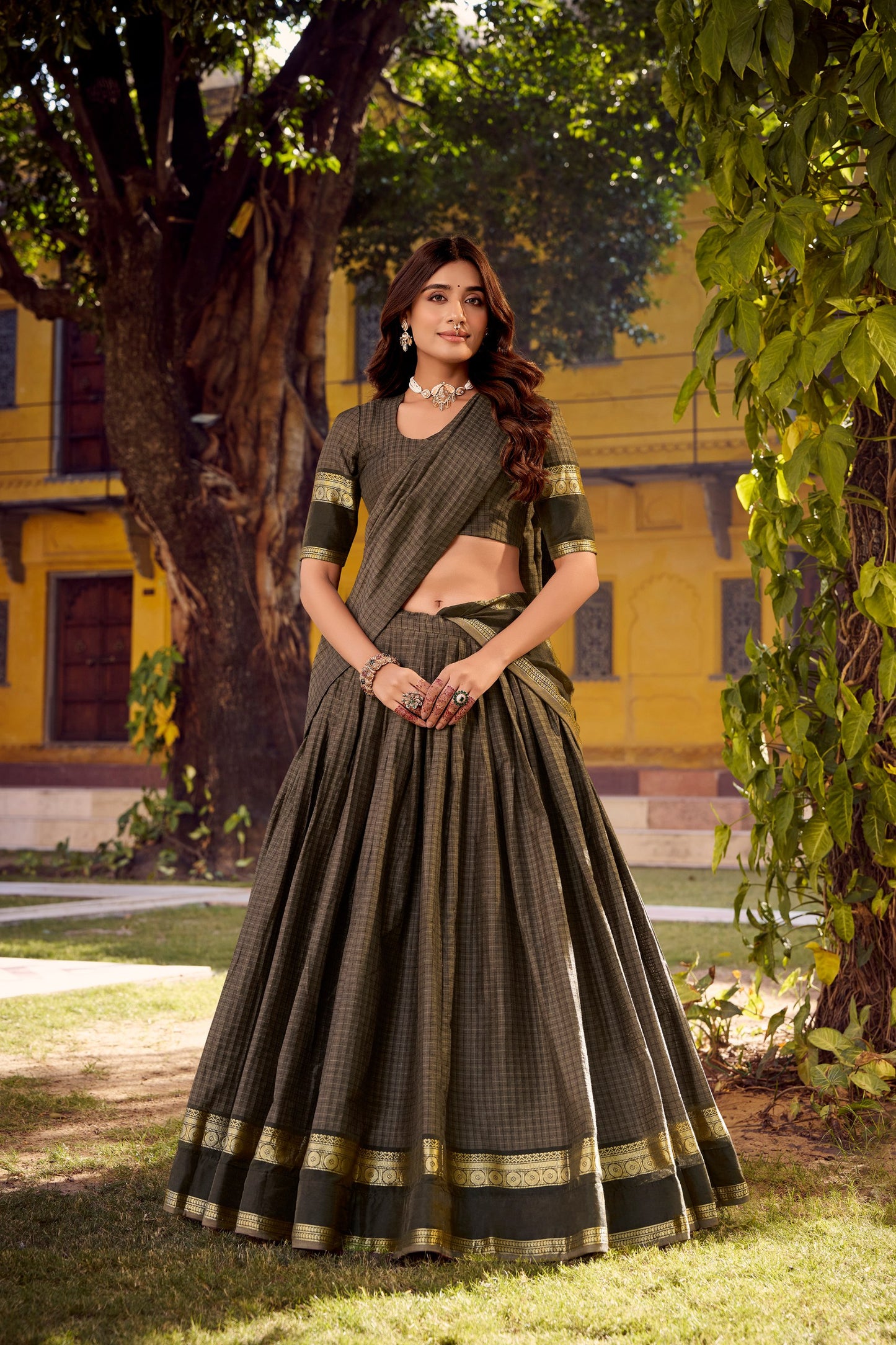 Brown chettinad cotton check with zari weaving work lehenga choli set