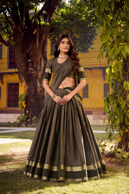 Brown chettinad cotton check with zari weaving work lehenga choli set
