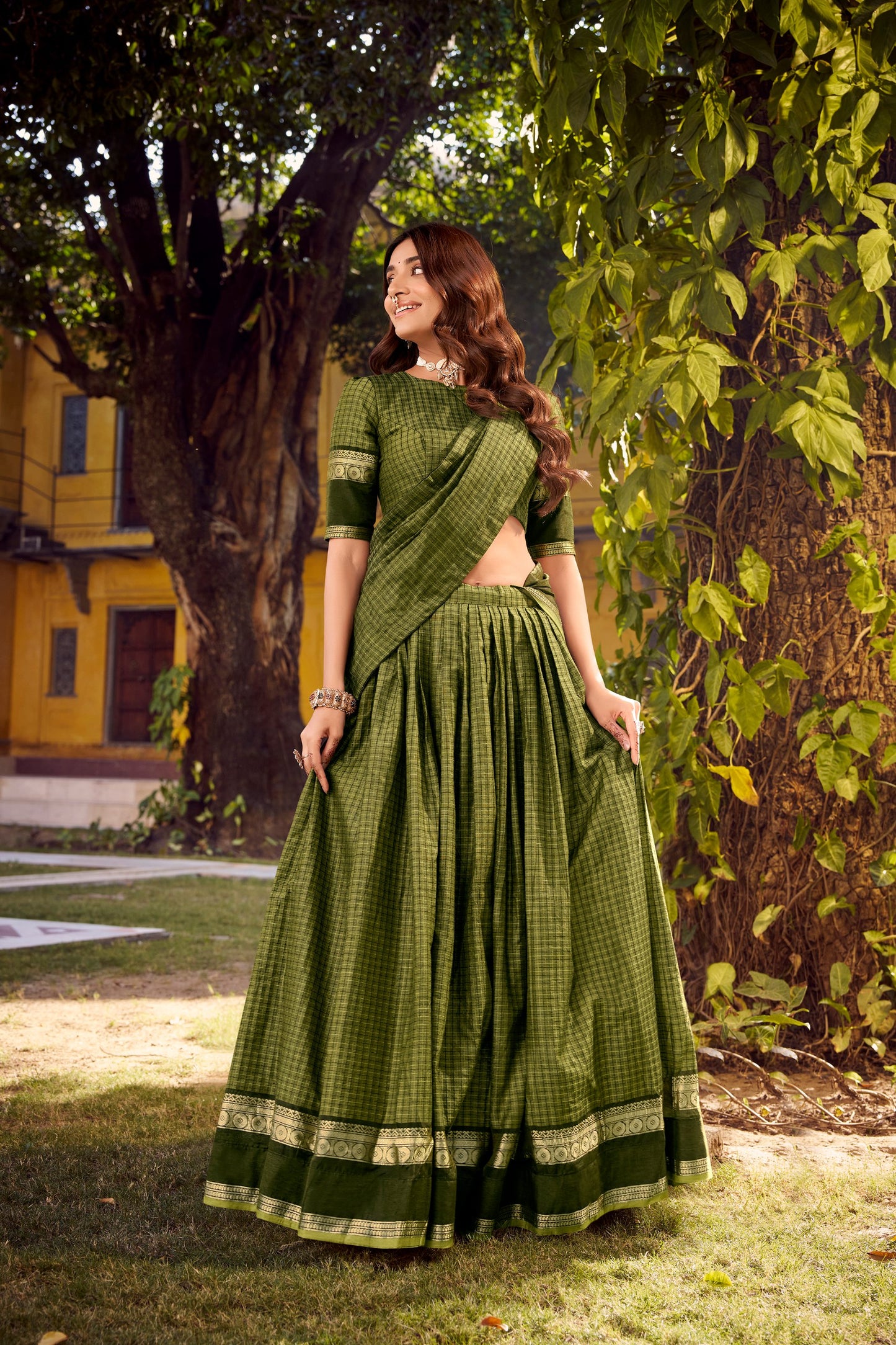 Green chettinad cotton check with zari weaving work lehenga choli set