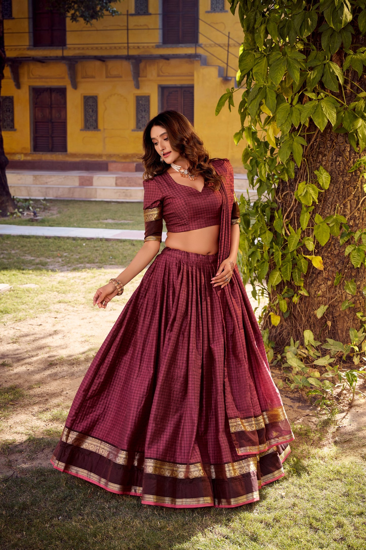 Red chettinad cotton check with zari weaving work lehenga choli set