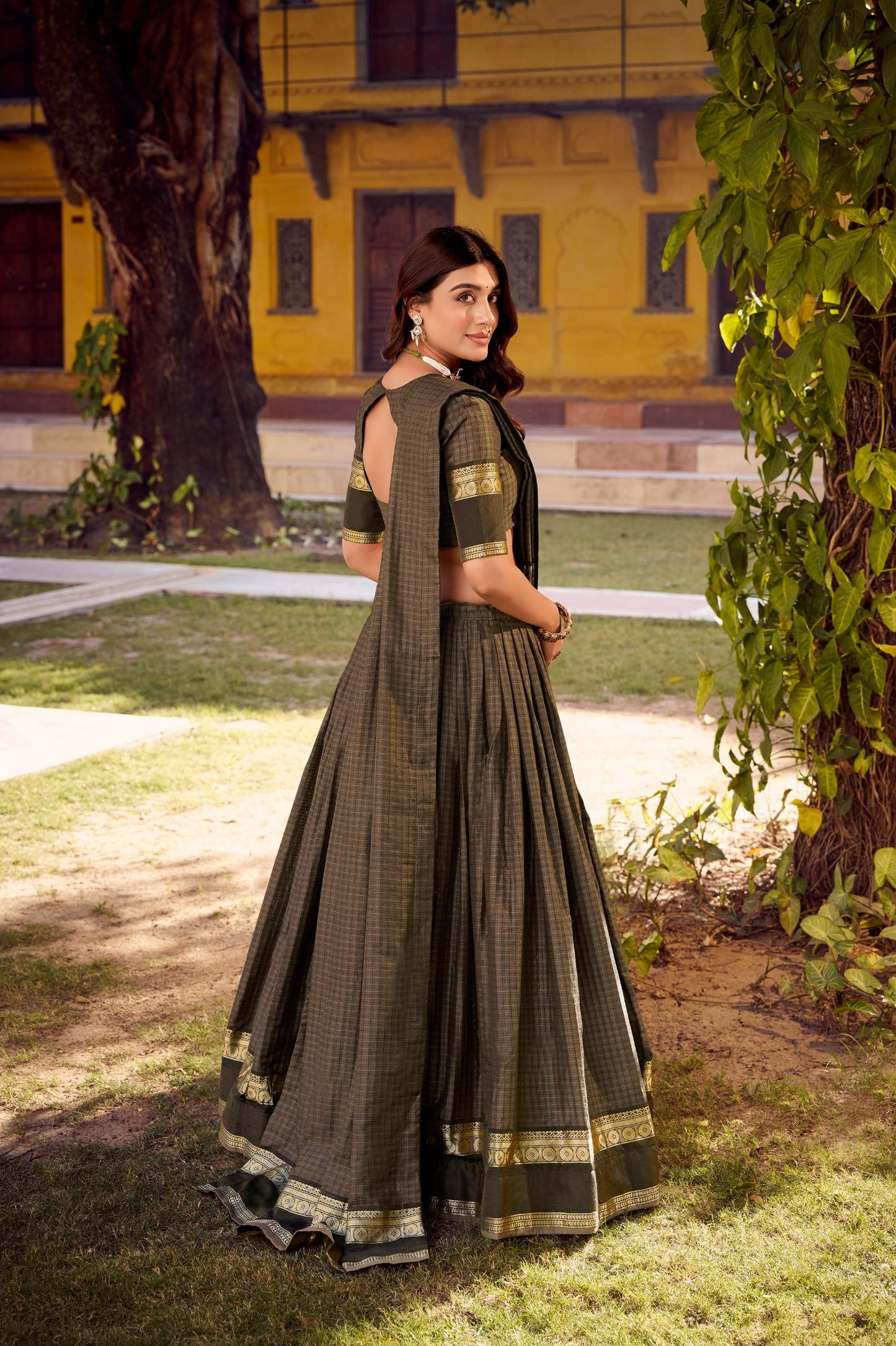 Brown chettinad cotton check with zari weaving work lehenga choli set