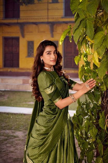 Green chettinad cotton check with zari weaving work lehenga choli set