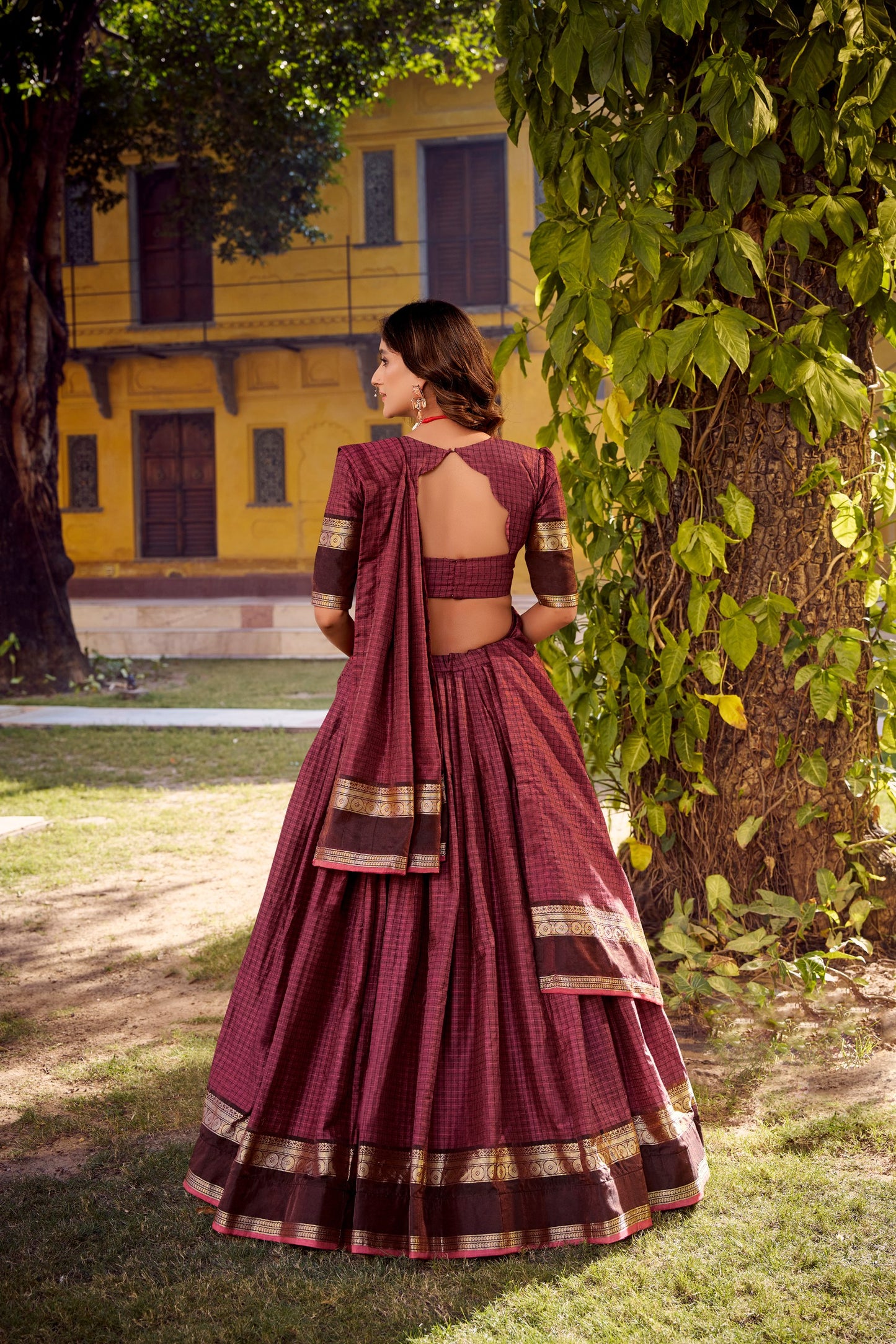 Red chettinad cotton check with zari weaving work lehenga choli set