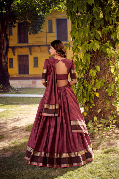 Red chettinad cotton check with zari weaving work lehenga choli set