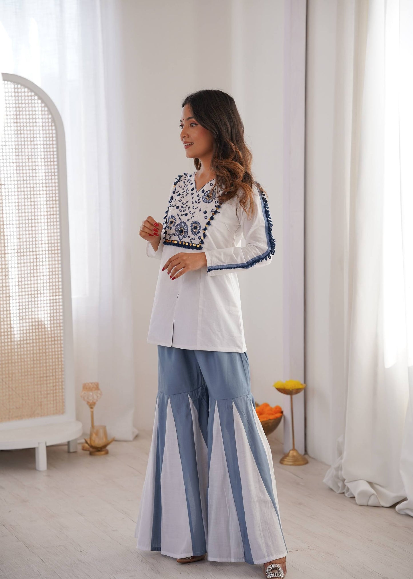White pure roman silk hand work embroidery work festival co-ord set