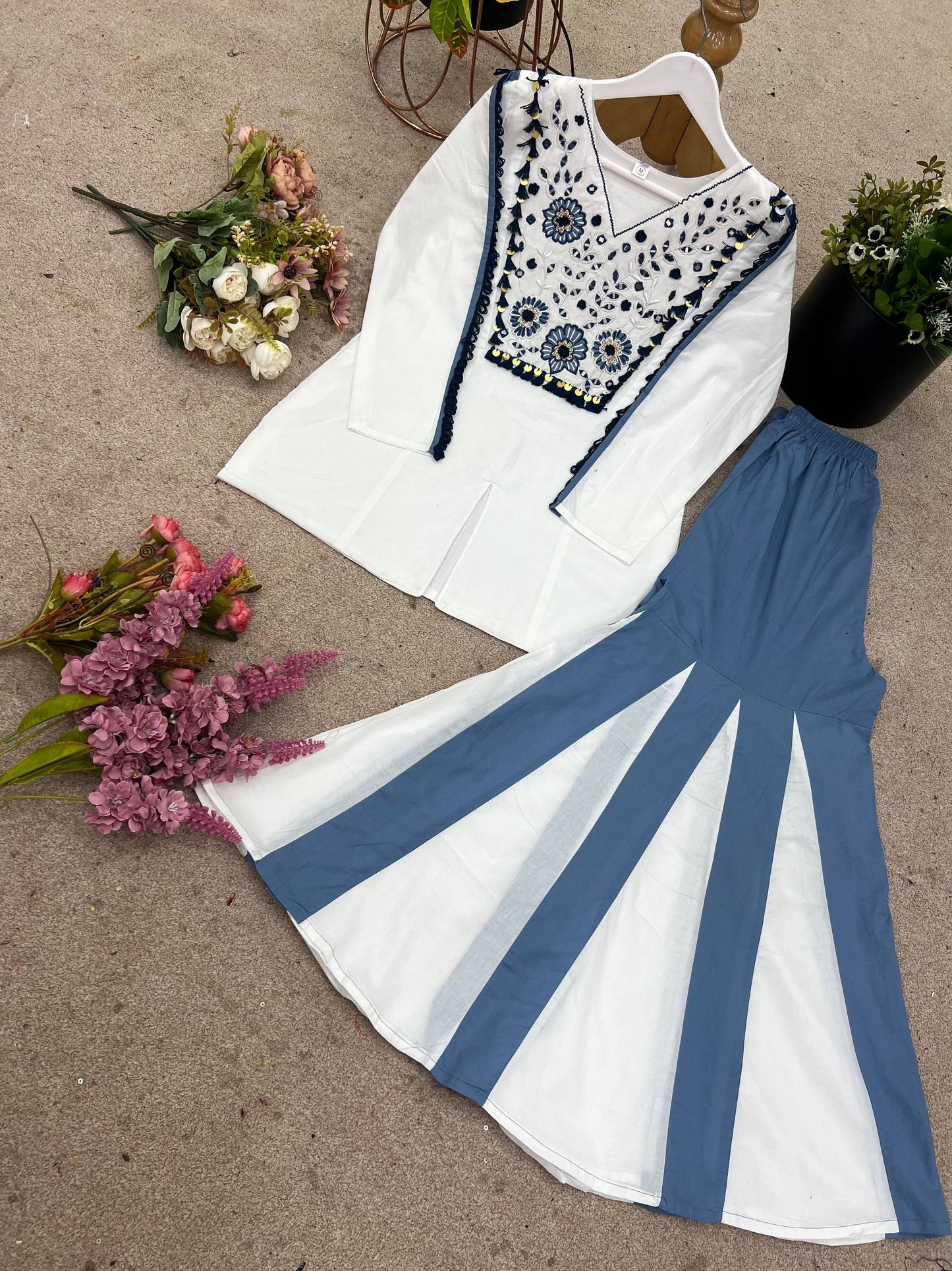 White pure roman silk hand work embroidery work festival co-ord set