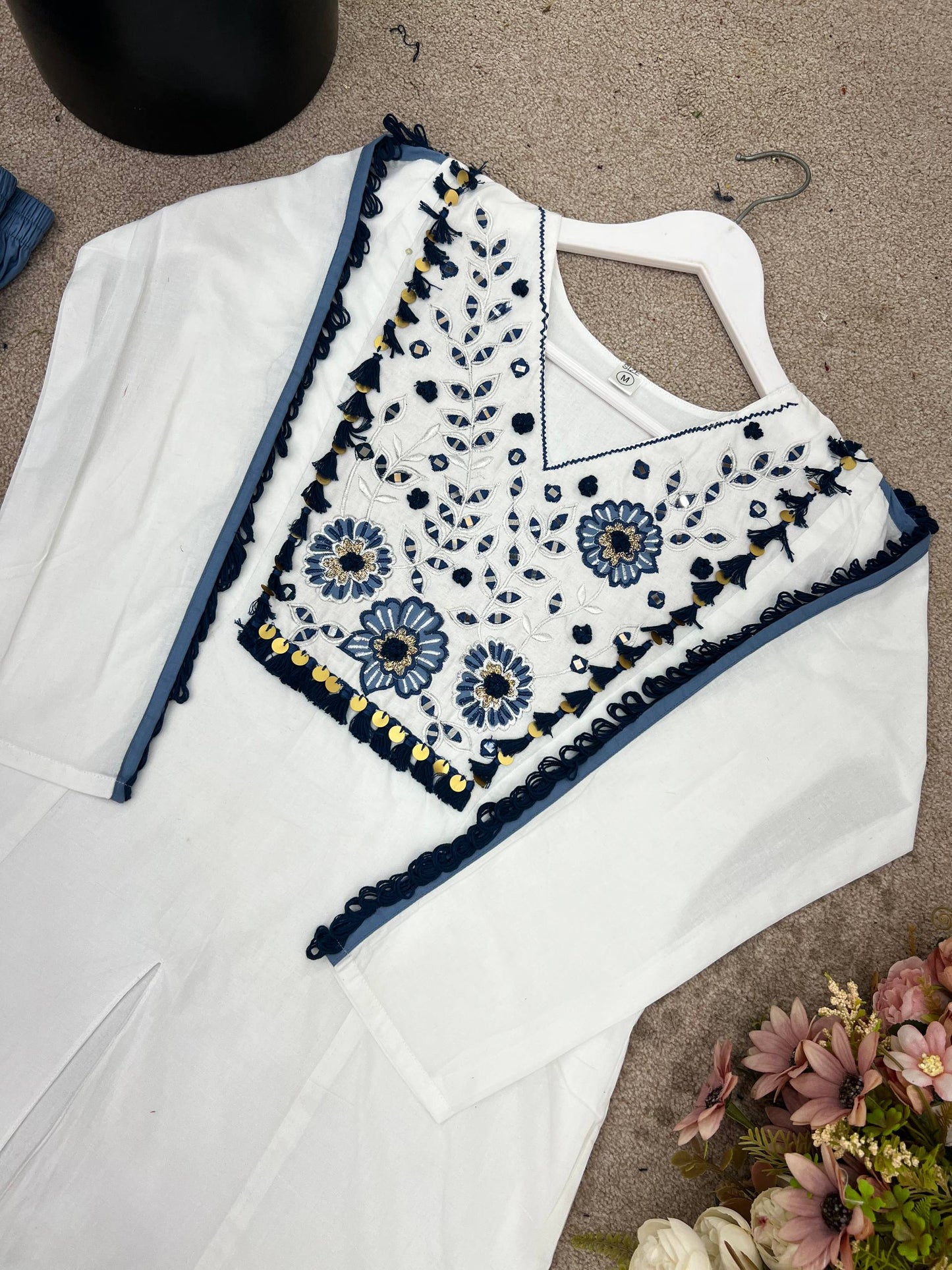 White pure roman silk hand work embroidery work festival co-ord set