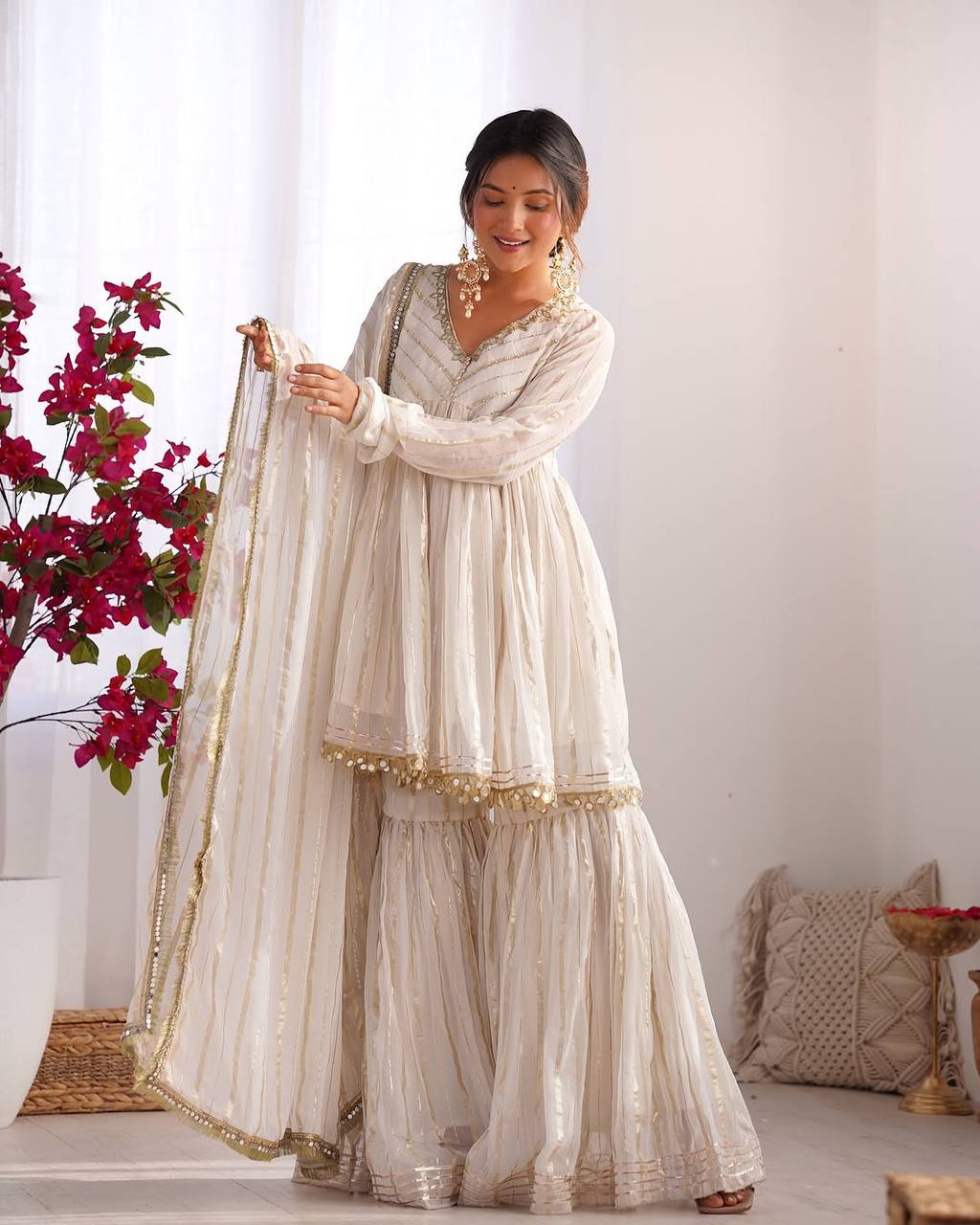 Ivory chanderi real mirror with handwork women’s ethnic wear