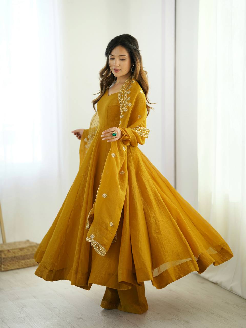 Yellow fandy silk with full sleeves gown-dupatta in heavy embroidery sequence Work