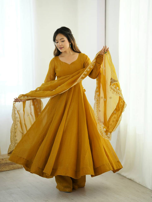 Yellow fandy silk with full sleeves gown-dupatta in heavy embroidery sequence Work