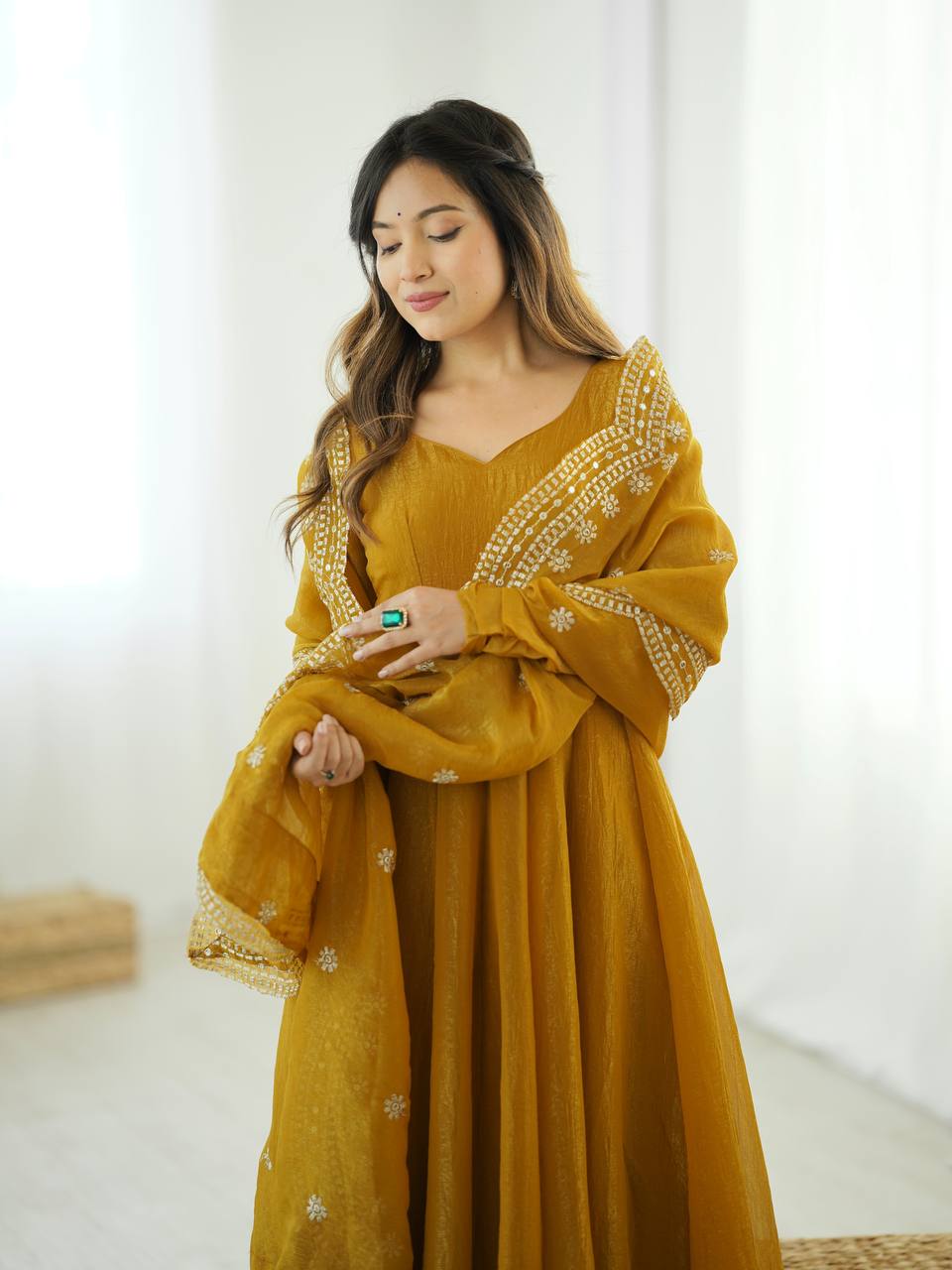 Yellow fandy silk with full sleeves gown-dupatta in heavy embroidery sequence Work