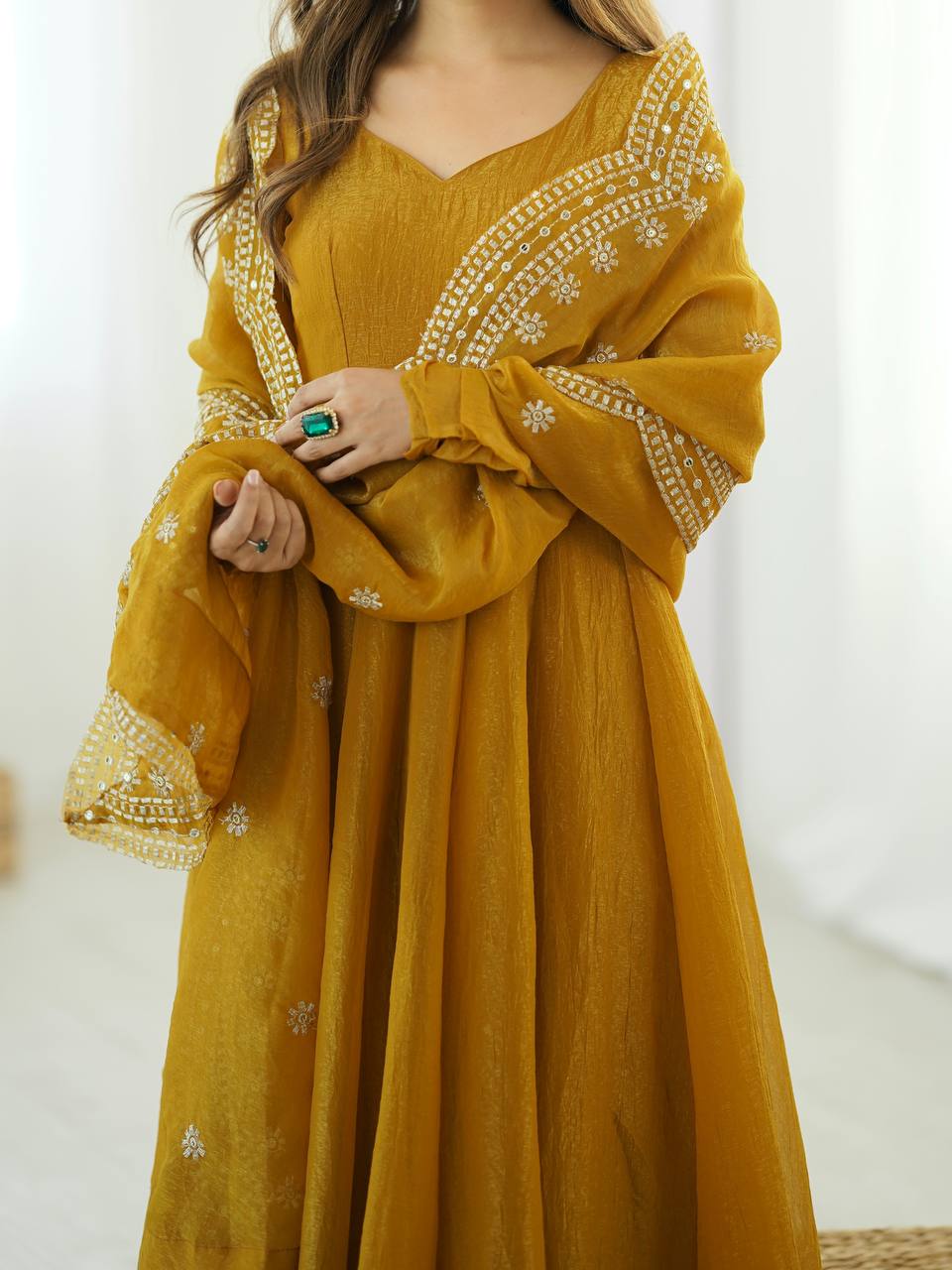 Yellow fandy silk with full sleeves gown-dupatta in heavy embroidery sequence Work