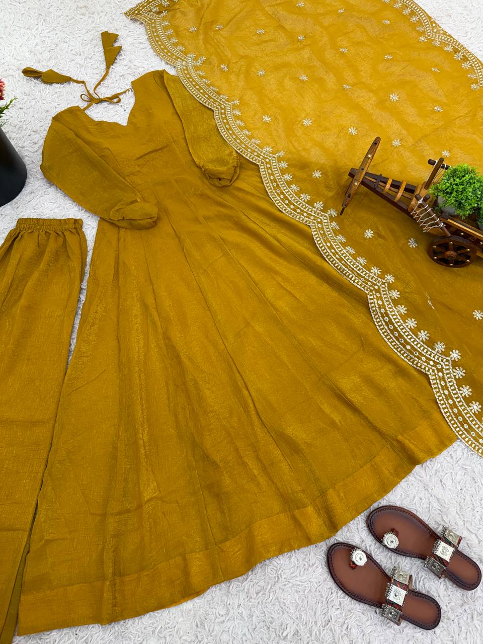 Yellow fandy silk with full sleeves gown-dupatta in heavy embroidery sequence Work