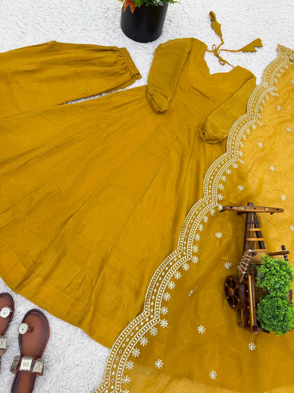 Yellow fandy silk with full sleeves gown-dupatta in heavy embroidery sequence Work