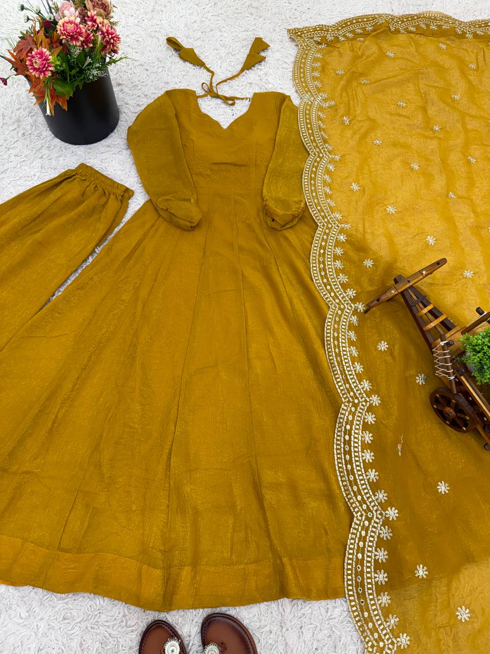 Yellow fandy silk with full sleeves gown-dupatta in heavy embroidery sequence Work