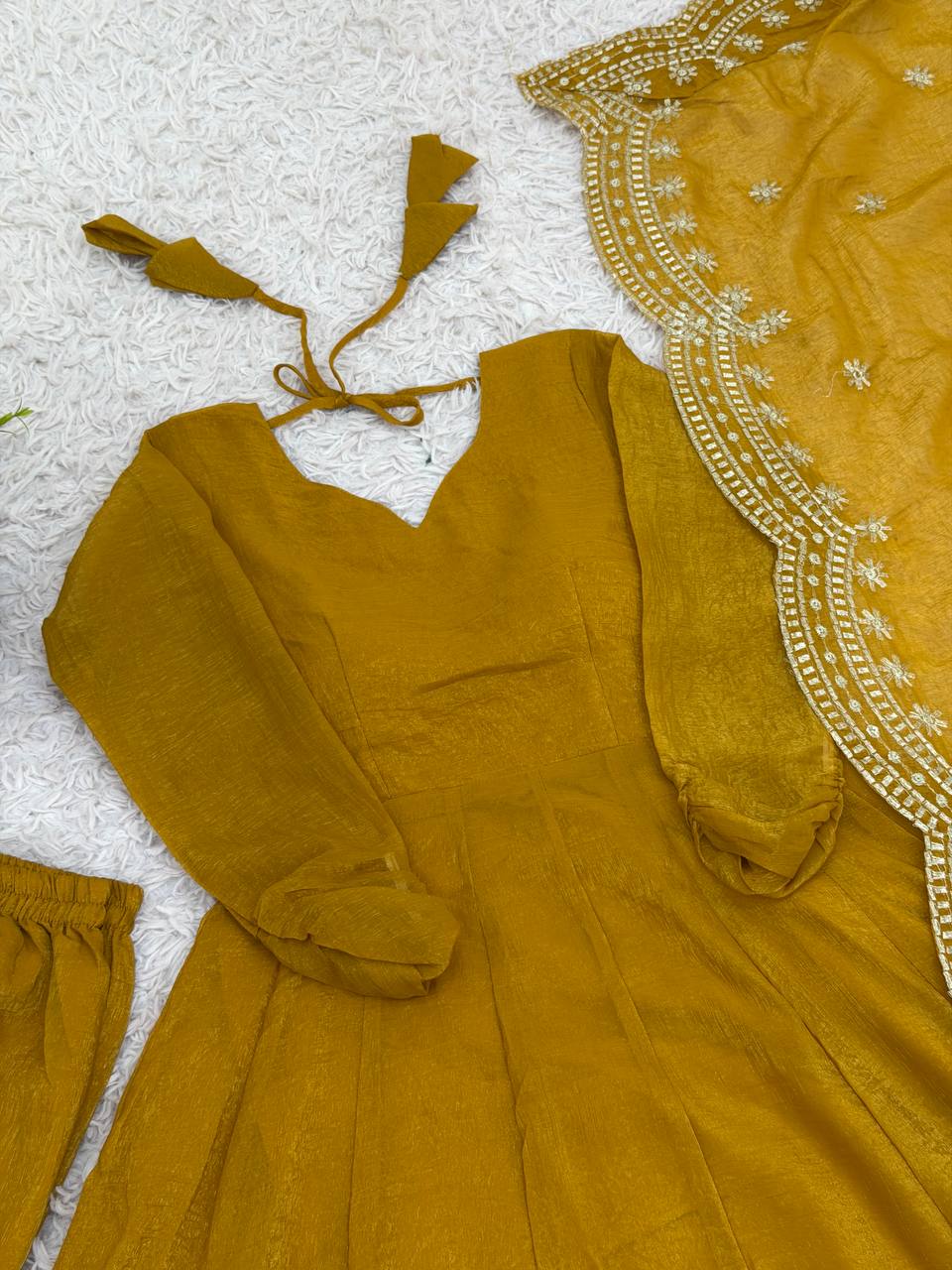Yellow fandy silk with full sleeves gown-dupatta in heavy embroidery sequence Work