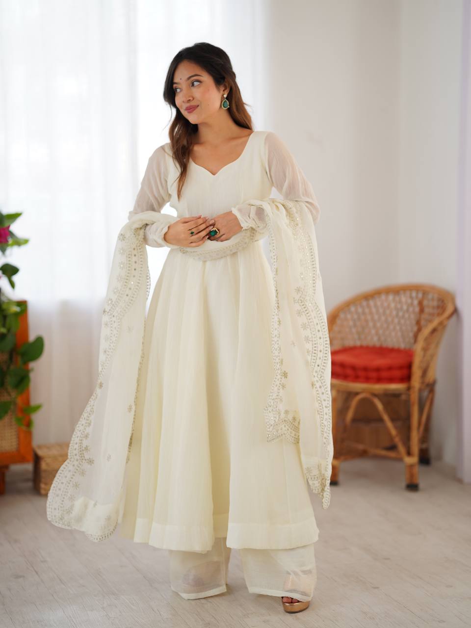 White fandy silk with full sleeves gown-dupatta in heavy embroidery sequence Work