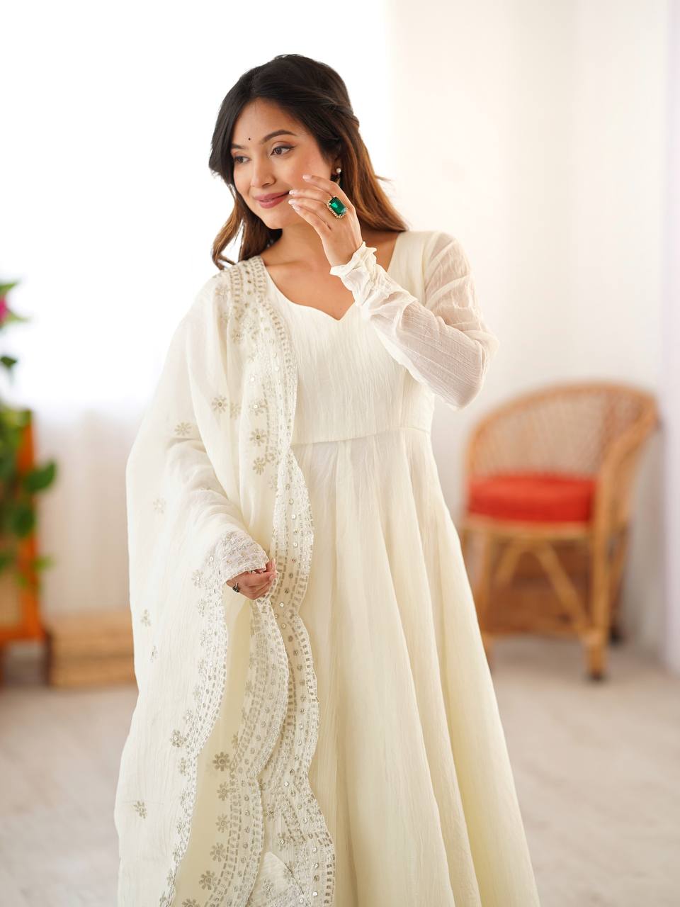 White fandy silk with full sleeves gown-dupatta in heavy embroidery sequence Work
