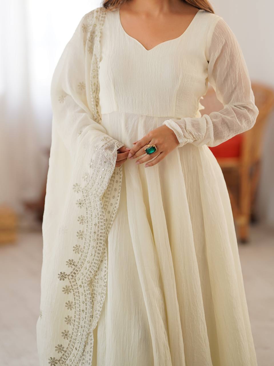 White fandy silk with full sleeves gown-dupatta in heavy embroidery sequence Work
