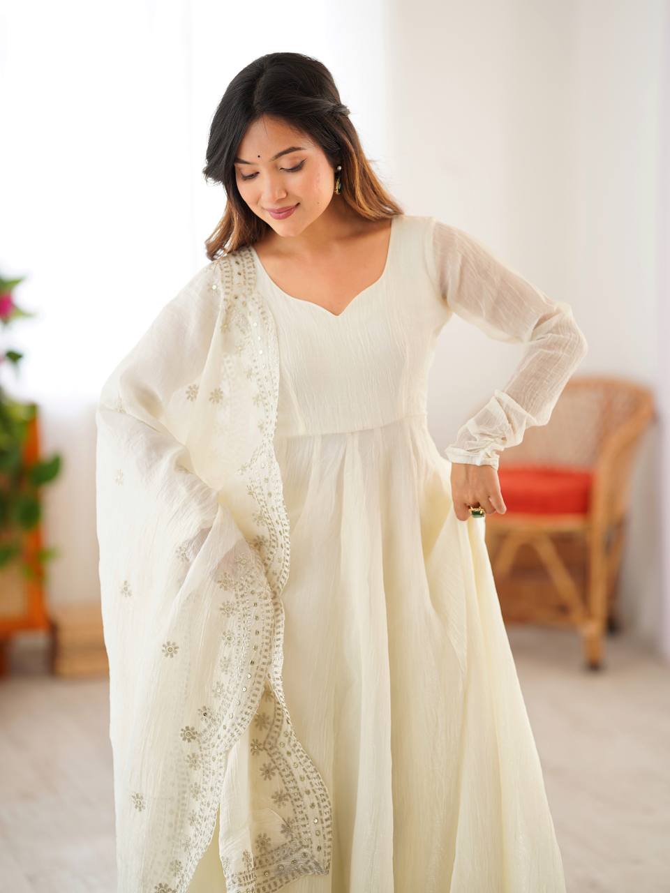 White fandy silk with full sleeves gown-dupatta in heavy embroidery sequence Work