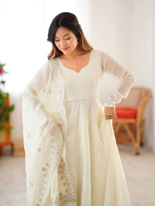 White fandy silk with full sleeves gown-dupatta in heavy embroidery sequence Work