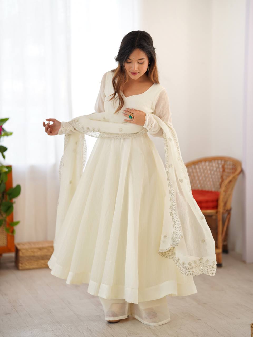 White fandy silk with full sleeves gown-dupatta in heavy embroidery sequence Work