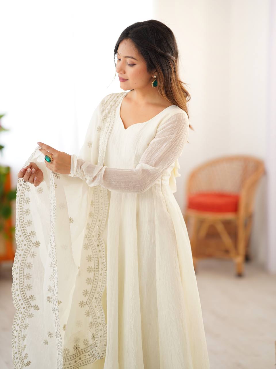 White fandy silk with full sleeves gown-dupatta in heavy embroidery sequence Work