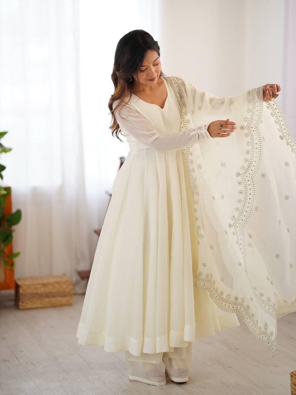 White fandy silk with full sleeves gown-dupatta in heavy embroidery sequence Work
