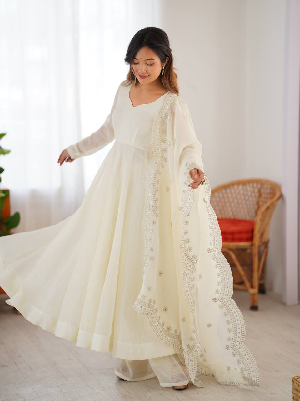 White fandy silk with full sleeves gown-dupatta in heavy embroidery sequence Work