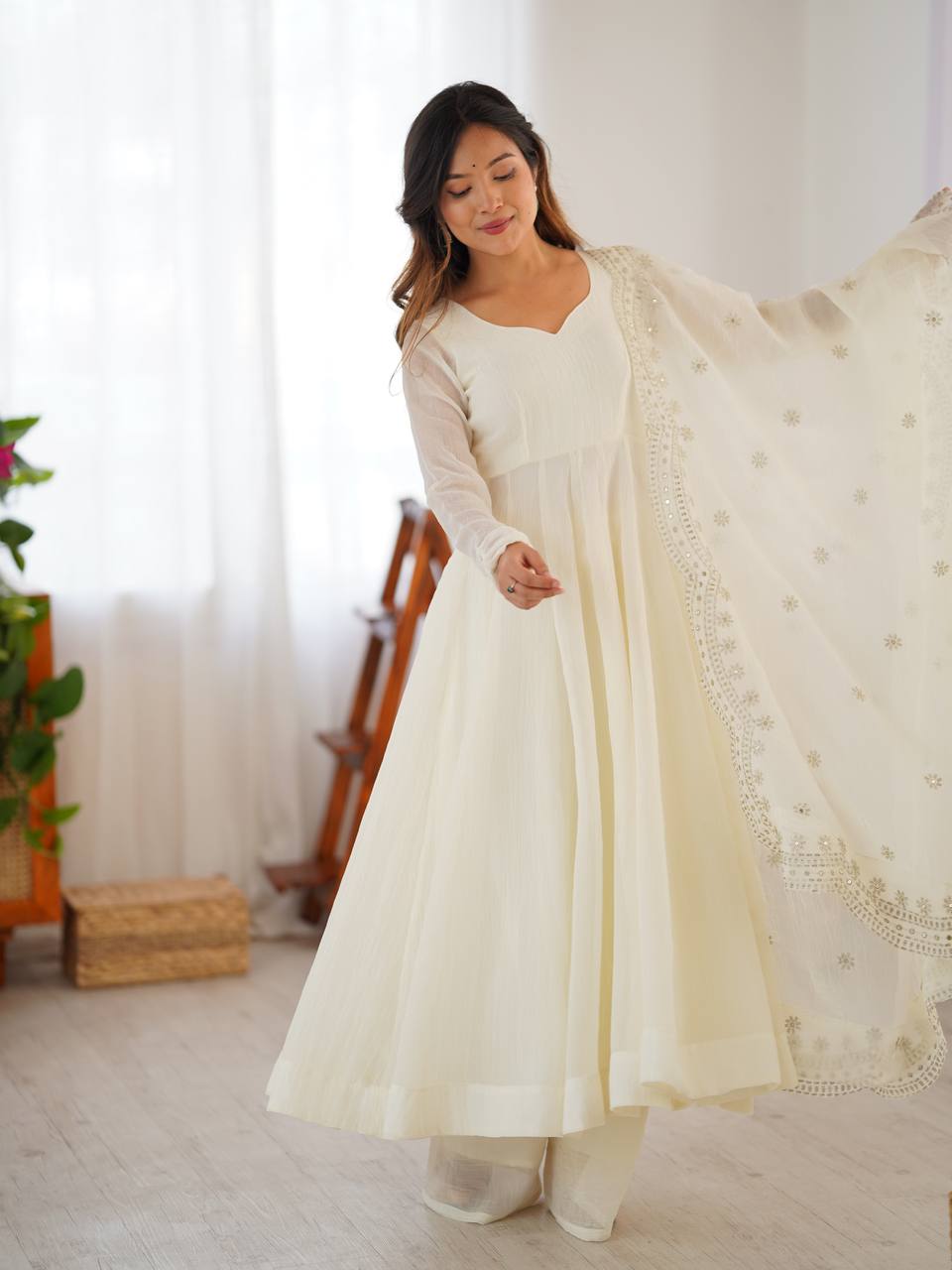 White fandy silk with full sleeves gown-dupatta in heavy embroidery sequence Work