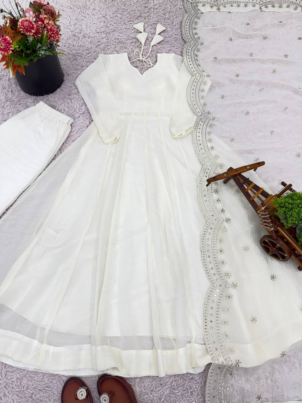 White fandy silk with full sleeves gown-dupatta in heavy embroidery sequence Work