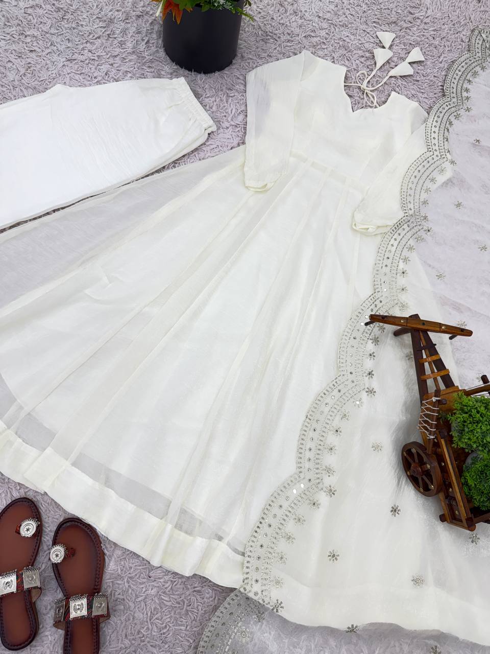 White fandy silk with full sleeves gown-dupatta in heavy embroidery sequence Work