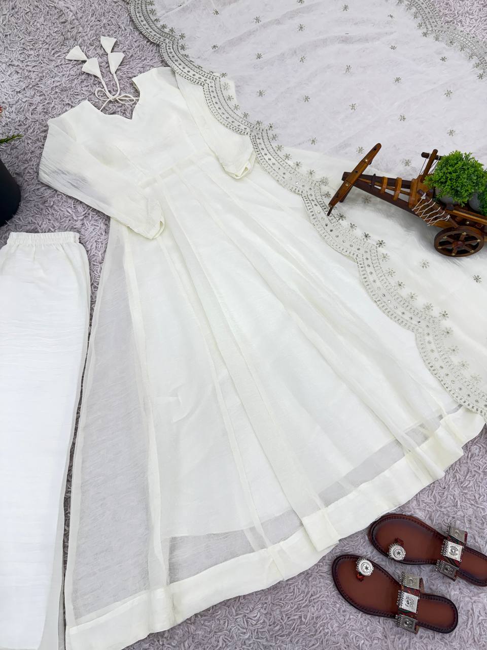 White fandy silk with full sleeves gown-dupatta in heavy embroidery sequence Work