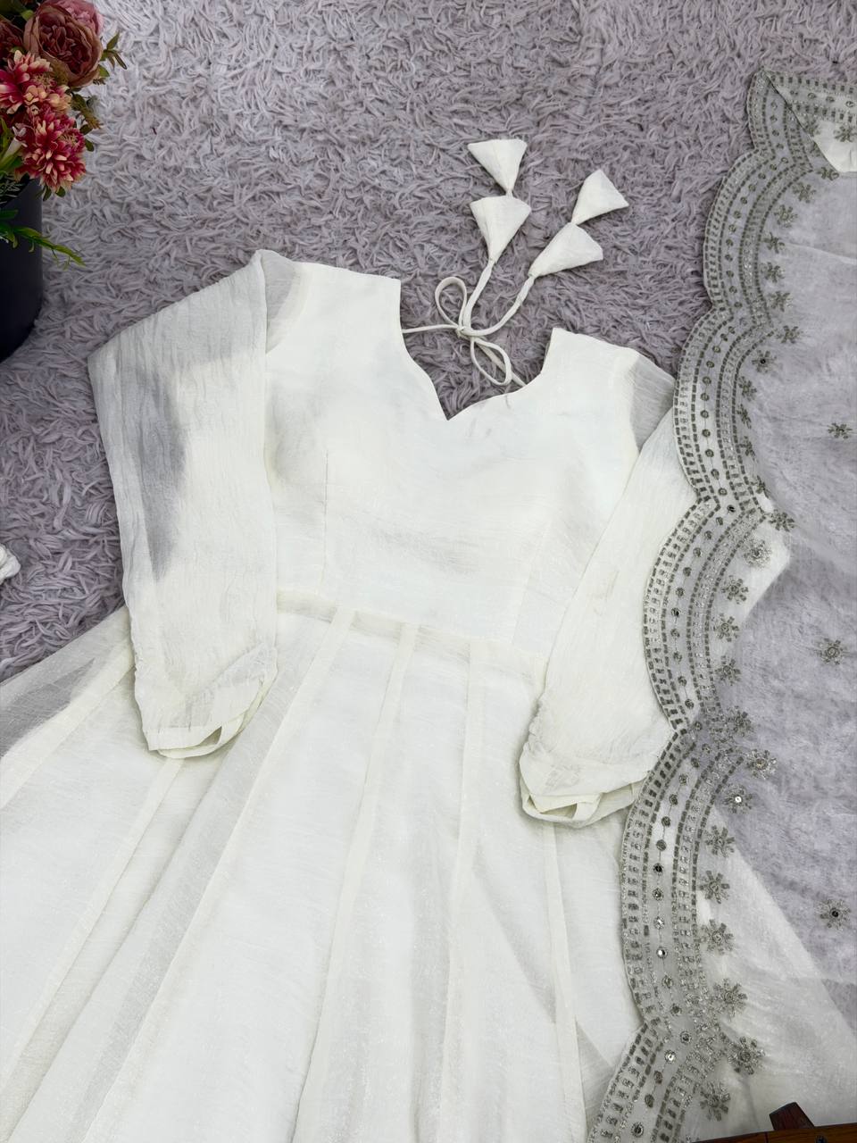 White fandy silk with full sleeves gown-dupatta in heavy embroidery sequence Work