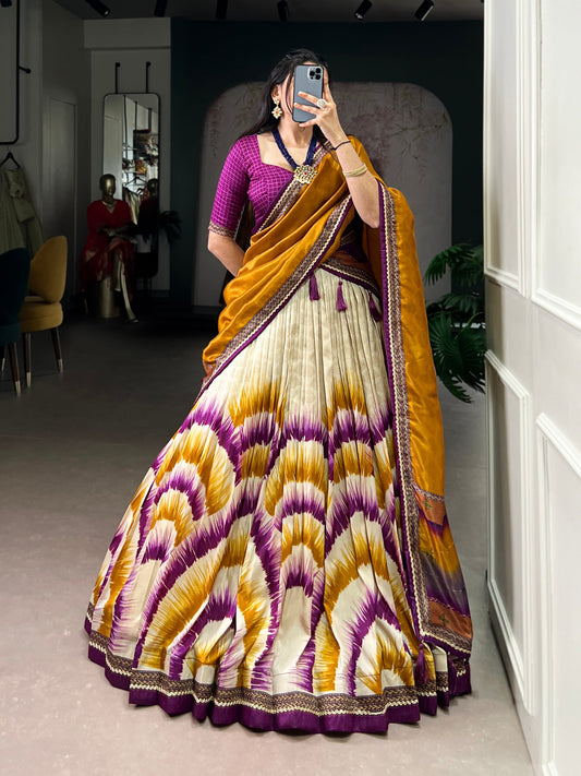 Multicolour tasar silk tie and dye print with lace lehenga, blouse and dupatta set
