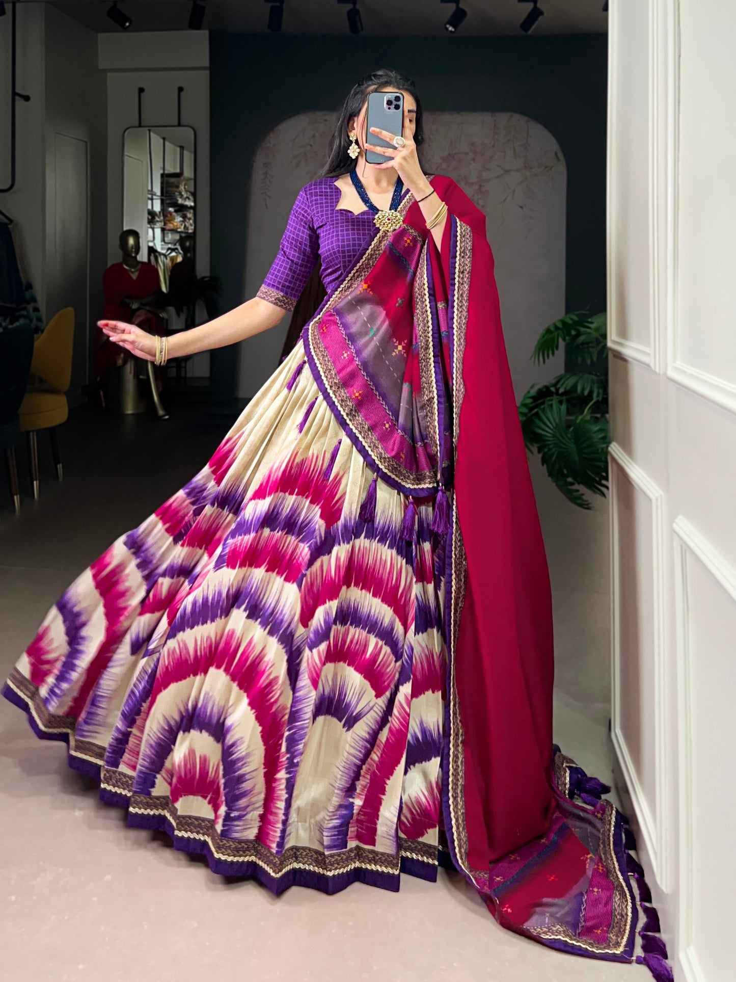 Multicolour tasar silk tie and dye print with lace lehenga, blouse and dupatta set