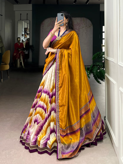 Multicolour tasar silk tie and dye print with lace lehenga, blouse and dupatta set
